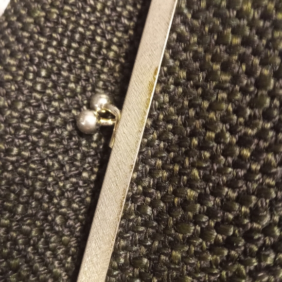 Vintage JR Fabric Wool Tweed Woven Black Purse Clutch Gold Pattern Lining - Picture 6 of 9